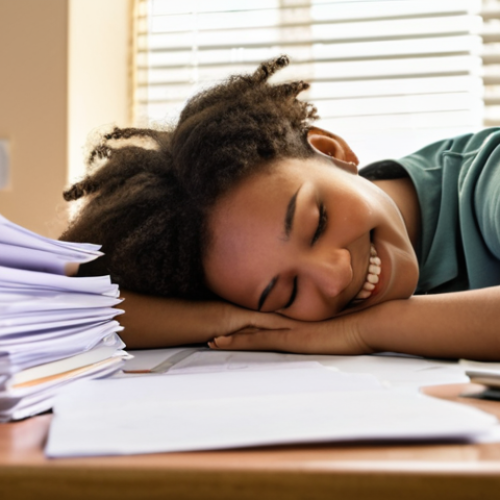 Home 15 **
A youth worker, visibly stressed with papers piled high on their desk, closing their eyes and taking a deep breath. Focus on conveying a sense of overwhelm transitioning to calm. Soft, diffused lighting with muted colors in the background. The youth worker should be diverse and relatable. Add subtle elements like a framed photo of smiling youth in the background.
**