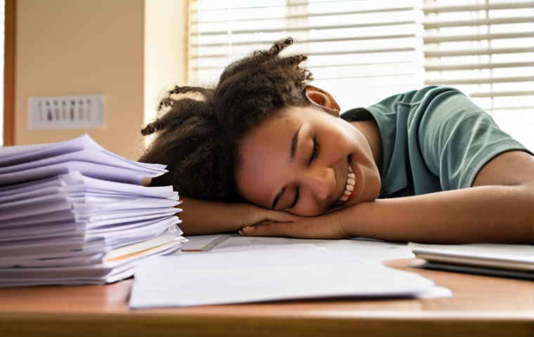 **
A youth worker, visibly stressed with papers piled high on their desk, closing their eyes and taking a deep breath. Focus on conveying a sense of overwhelm transitioning to calm. Soft, diffused lighting with muted colors in the background. The youth worker should be diverse and relatable. Add subtle elements like a framed photo of smiling youth in the background.
**