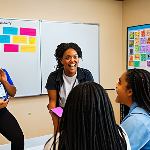 Home 7 **A diverse group of youth workers enthusiastically participating in an interactive workshop. The atmosphere is lively, with participants engaging in discussions and hands-on activities. The setting is a modern conference room with bright colors and motivational posters. Focus on capturing the energy of continuous learning and collaboration. Consider a focus on Trauma-Informed Care.**