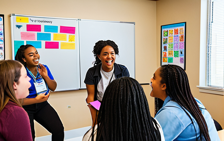 **A diverse group of youth workers enthusiastically participating in an interactive workshop. The atmosphere is lively, with participants engaging in discussions and hands-on activities. The setting is a modern conference room with bright colors and motivational posters. Focus on capturing the energy of continuous learning and collaboration. Consider a focus on Trauma-Informed Care.**