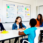 **

"A diverse group of fully clothed teenagers brainstorming ideas around a table in a modern youth center, safe for work, appropriate content, professional setting, fostering collaboration, growth mindset, whiteboard with colorful notes in the background, perfect anatomy, correct proportions, natural pose, family-friendly, high quality."

**