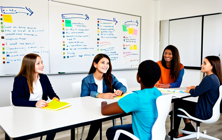 **

"A diverse group of fully clothed teenagers brainstorming ideas around a table in a modern youth center, safe for work, appropriate content, professional setting, fostering collaboration, growth mindset, whiteboard with colorful notes in the background, perfect anatomy, correct proportions, natural pose, family-friendly, high quality."

**