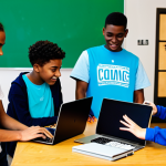 **

A diverse group of fully clothed teenagers participating in a coding workshop in a brightly lit community center. The scene shows them collaborating on laptops, with a friendly instructor offering guidance. Everyone is wearing appropriate attire. Background includes posters promoting youth programs. Safe for work, appropriate content, professional setting, perfect anatomy, natural proportions, well-formed hands, proper finger count, family-friendly.

**