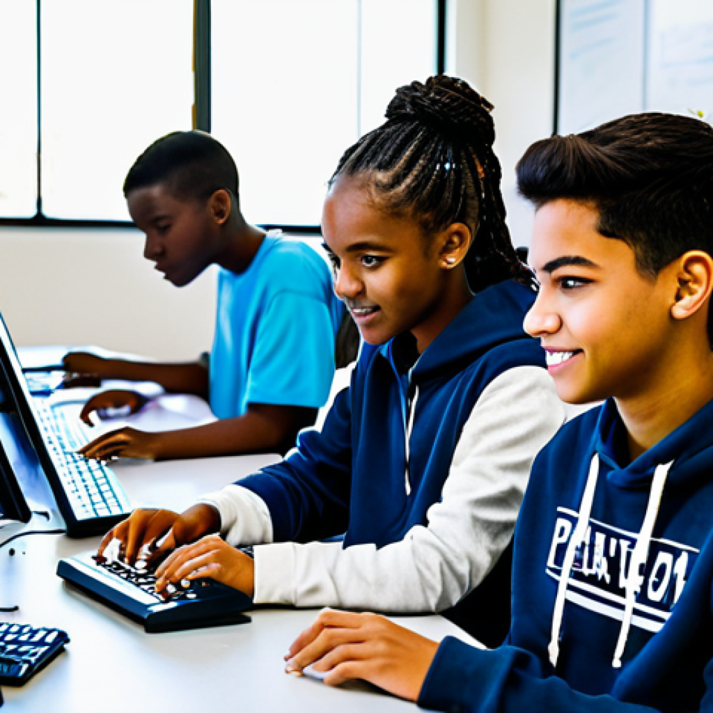 청소년지도사 직무에서의 공공기관 협력 - **Prompt:** A diverse group of teenagers participates in a coding workshop at a brightly lit communi...