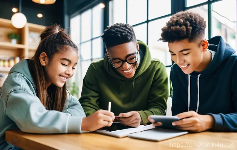 청소년지도사와 청소년 문제 해결 아이디어 공유 사례 - **Digital Balance & Positive Connection:**
    A diverse group of three teenagers (approximately 15-...