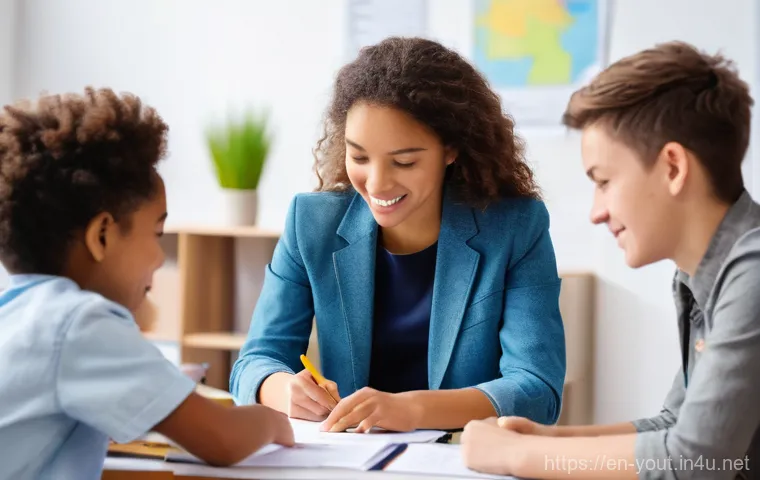 청소년지도사와 연계 가능한 추가 자격증 - **Prompt:** "A heartwarming scene depicting a male youth worker, in his late 20s to early 30s, offer...