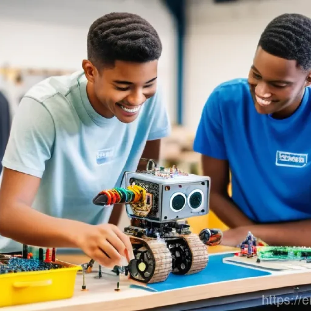 청소년지도사와 청소년의 창의적 문제 해결 사례 - **Prompt:** A vibrant, brightly lit community makerspace or innovation lab. In the foreground, a div...