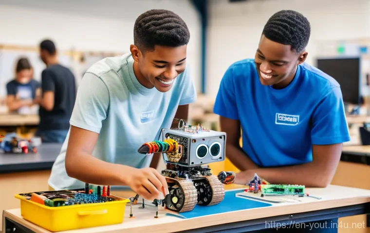 청소년지도사와 청소년의 창의적 문제 해결 사례 - **Prompt:** A vibrant, brightly lit community makerspace or innovation lab. In the foreground, a div...