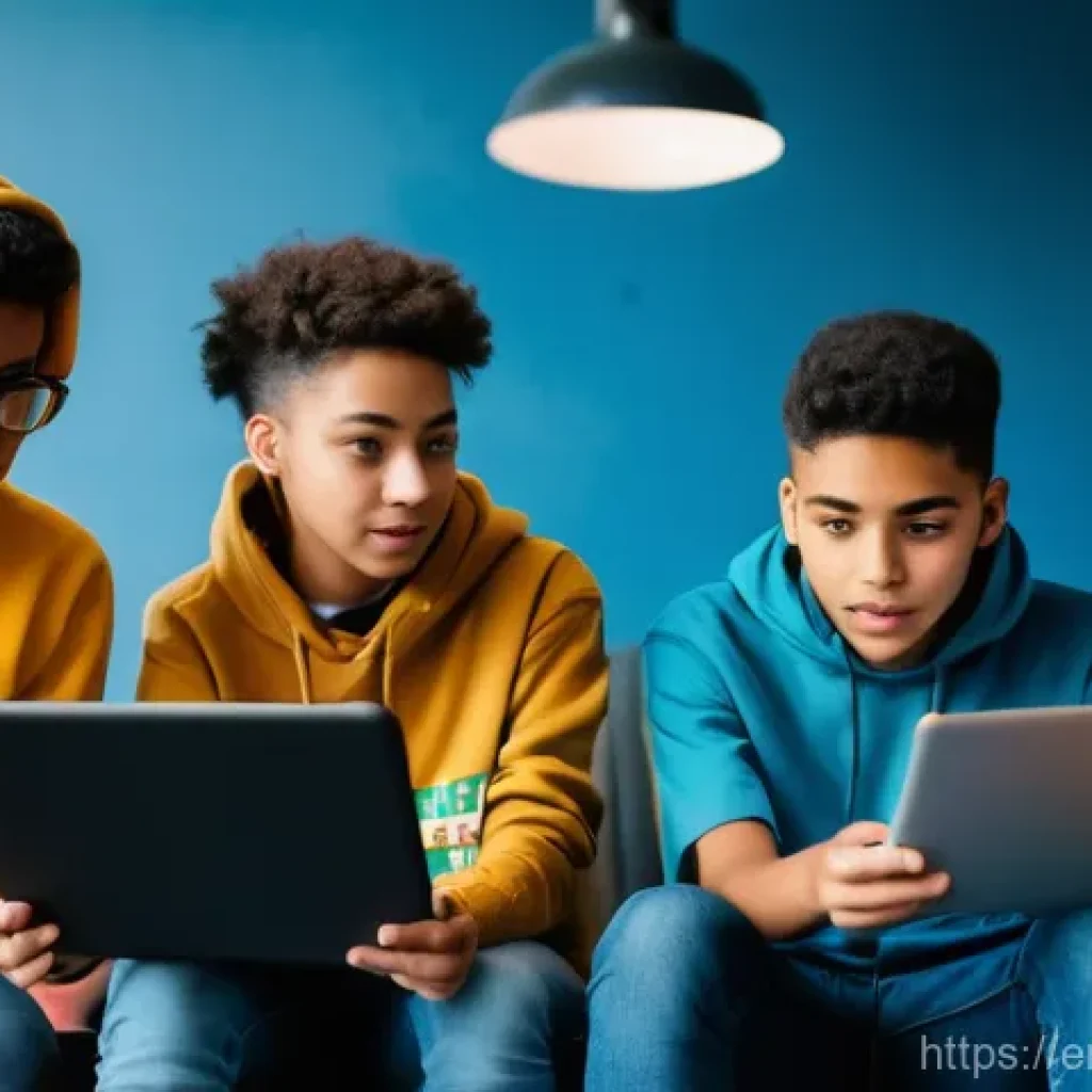 청소년지도사와 최신 청소년 트렌드 연구 - **Prompt:** A diverse group of five teenagers, aged 16-18, in a brightly lit, modern co-working spac...