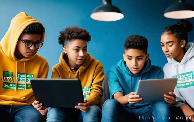 청소년지도사와 최신 청소년 트렌드 연구 - **Prompt:** A diverse group of five teenagers, aged 16-18, in a brightly lit, modern co-working spac...