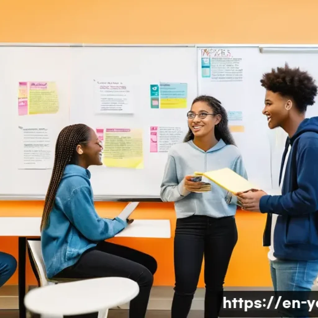 청소년지도사로서의 글쓰기와 보고서 작성 - A vibrant, wide-angle shot of a diverse group of teenagers (ages 14-18) and two young adult mentors ...