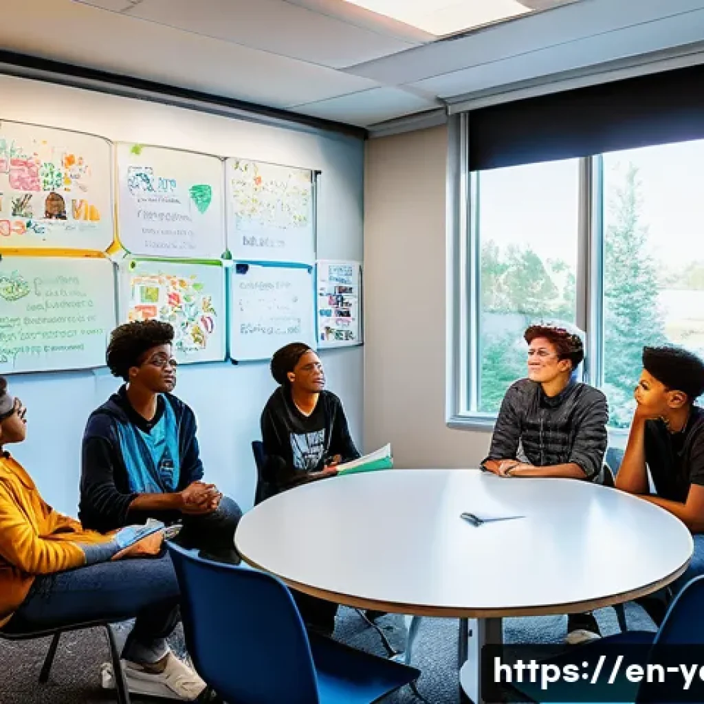 청소년지도사와 진로 탐색 지원 사례 - A warm, inviting counseling room with soft natural lighting where a diverse group of teenagers, dres...