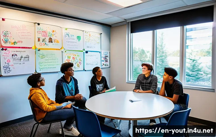 청소년지도사와 진로 탐색 지원 사례 - A warm, inviting counseling room with soft natural lighting where a diverse group of teenagers, dres...