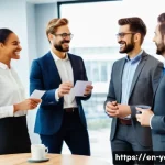 청소년지도사 이직 성공 사례 - A professional office setting showing a diverse group of adults engaged in a networking event. Peopl...