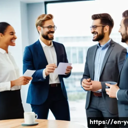 청소년지도사 이직 성공 사례 - A professional office setting showing a diverse group of adults engaged in a networking event. Peopl...