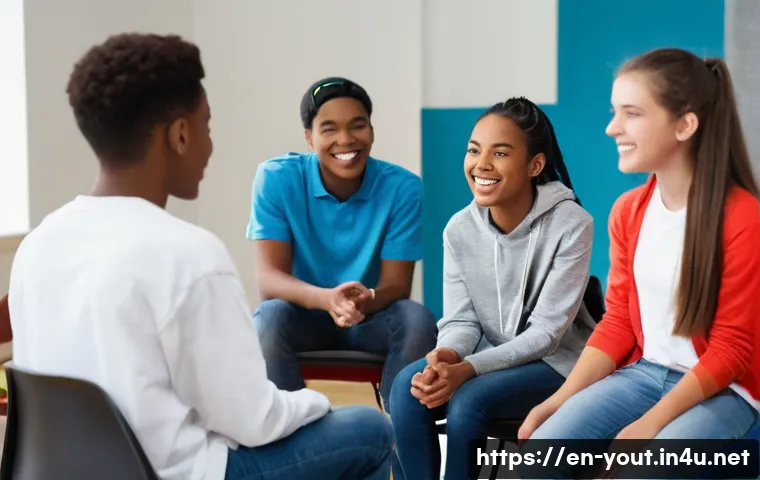 청소년지도사 취업을 위한 포트폴리오 작성법 - A diverse group of enthusiastic teenagers sitting in a bright, welcoming community center room, enga...