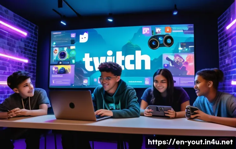 청소년지도사와 청소년 문화 콘텐츠 기획 - A vibrant digital youth community scene featuring diverse teenagers gathered around laptops and smar...