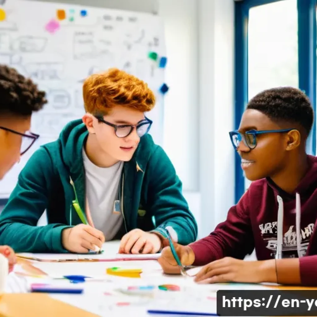 청소년지도사와 청소년 창의력 향상 활동 - A diverse group of teenagers engaged in a collaborative design sprint inside a bright, modern classr...