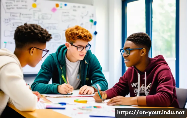 청소년지도사와 청소년 창의력 향상 활동 - A diverse group of teenagers engaged in a collaborative design sprint inside a bright, modern classr...