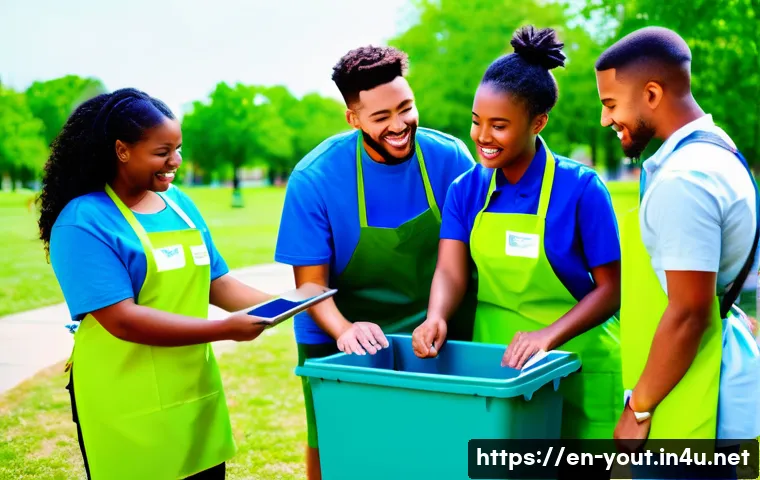 청소년지도사와 사회적 기업 협업 - A diverse group of young adults actively engaged in a community recycling project outdoors, wearing ...