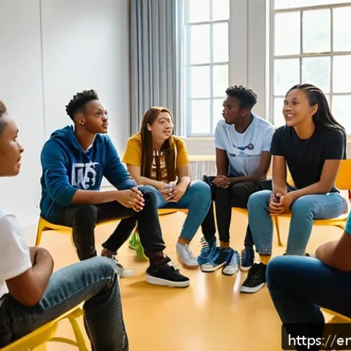 Home 32 청소년지도사로서의 리더십 발휘 - A diverse group of confident teenagers and young adults sitting in a bright, modern community center...