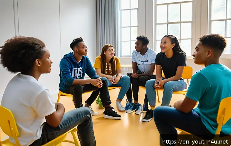 청소년지도사로서의 리더십 발휘 - A diverse group of confident teenagers and young adults sitting in a bright, modern community center...