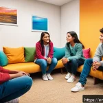 Home 19 청소년지도사로서의 성장 스토리 공유 - A warm, inviting counseling room scene where a diverse teenage group sits comfortably in a circle wi...