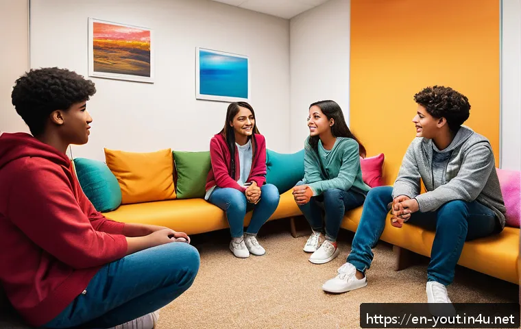 청소년지도사로서의 성장 스토리 공유 - A warm, inviting counseling room scene where a diverse teenage group sits comfortably in a circle wi...
