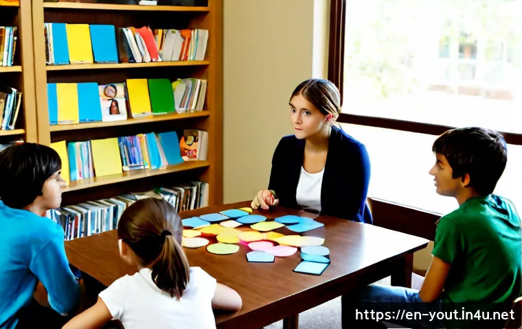 청소년지도사와 청소년 문제 해결 프로그램 개발 사례 - Photorealistic community youth counselor facilitating a small problem-solving workshop with diverse ...